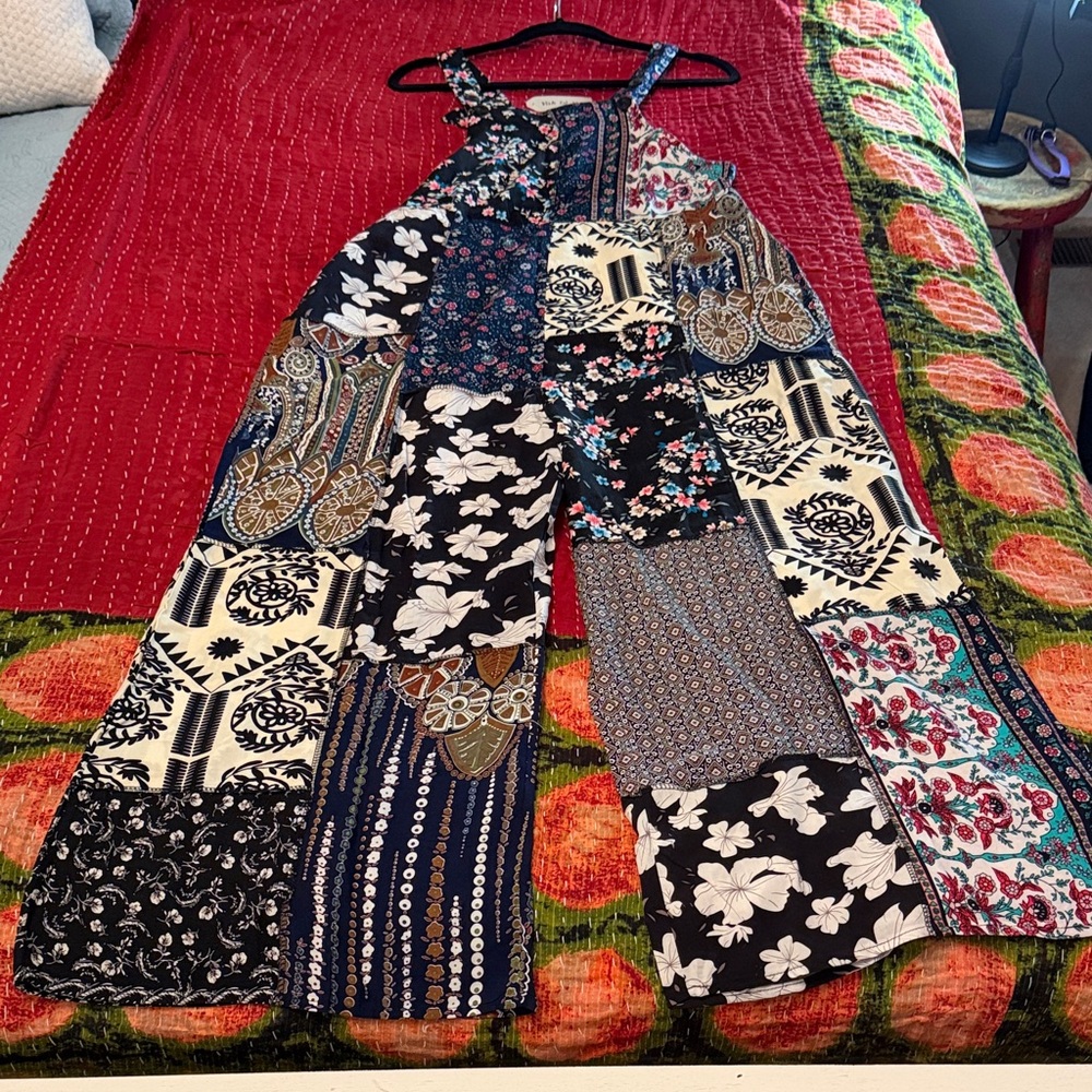 Patchwork Floral Wide-Leg Jumpsuit - Black Multi